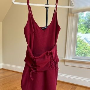 Boohoo Night Deep Red BodyCon dress with Corset belt detail